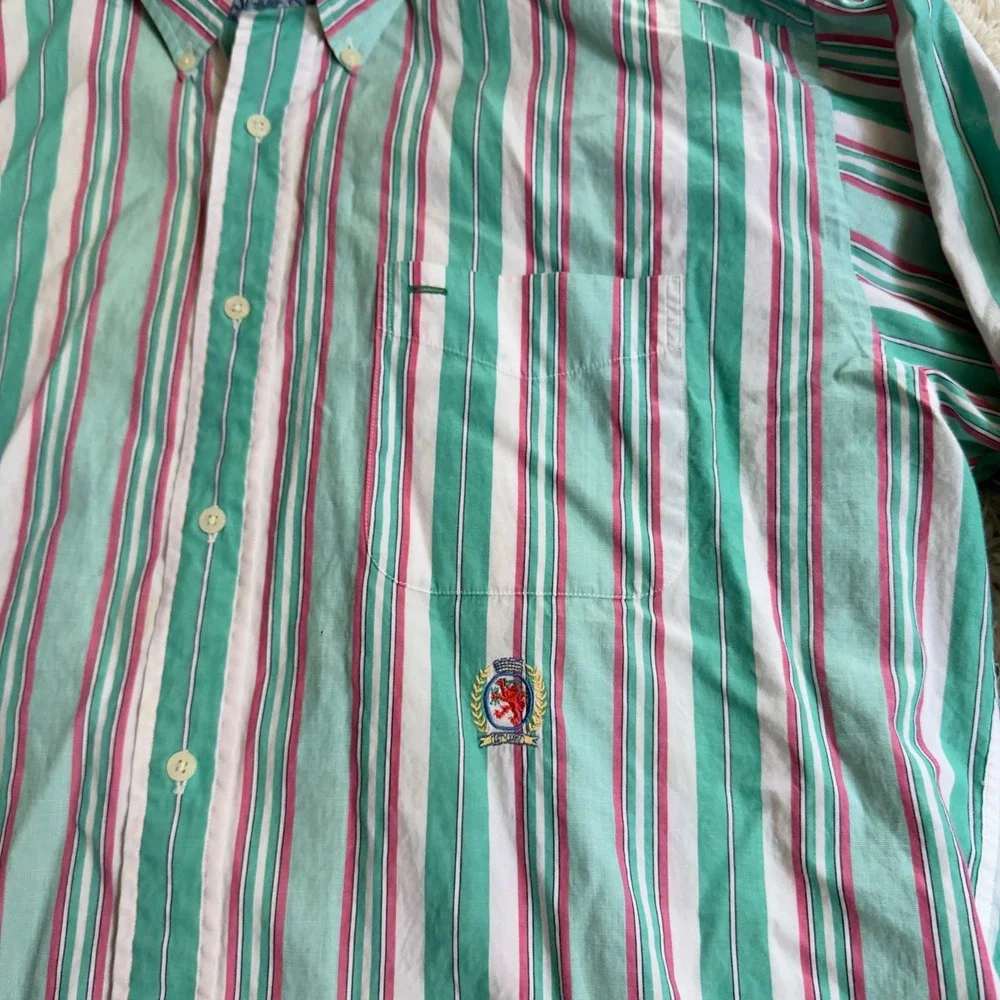 Vintage 90s Tommy Hilfiger Striped Button Down Shirt Mens L Green Pink Crest